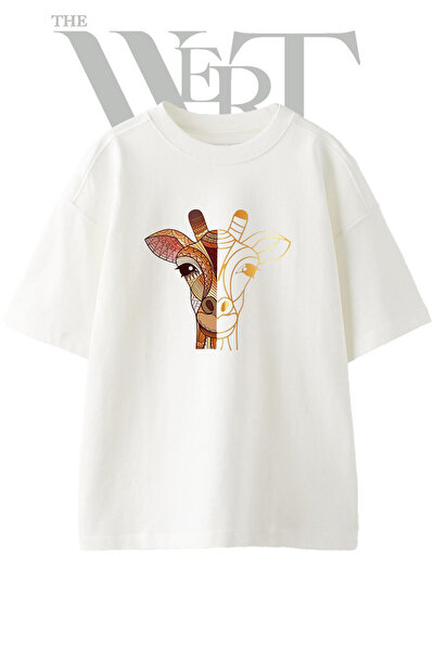 THEWERT Mandala Giraffe Design Printed Unisex White Oversize T-Shirt