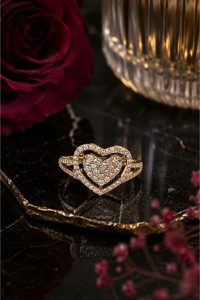 Sylvera Shop Baguette Heart Cut Zircon Stone Luxury Ring - Adjustable (Gold C...