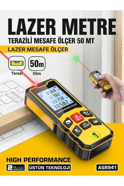 KARALAR YAPI ASR941 Profesyonel Lazer Terazili Dijital Mesafe Ölçer 50 Metre Ölçüm Cihazı Sarı Lazer Metre