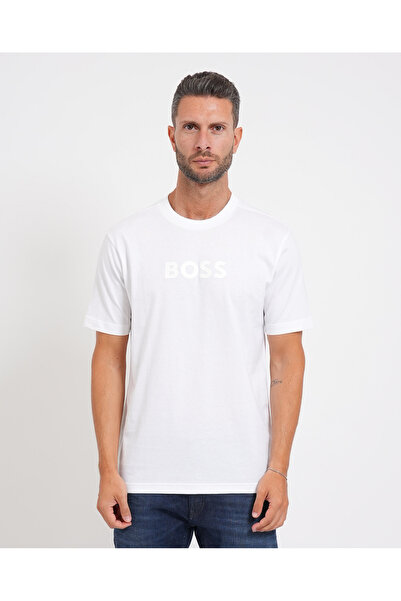 BOSS Men's Regular Fit Round Collar Cotton Short Sleeve White1 Polo Neck T-Shirt
