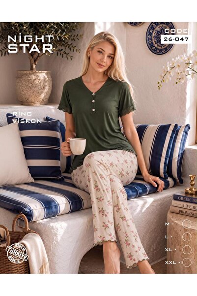 Night Star Elza 3-Button Collar Lace Sleeve Ring Viscose Pajama Set
