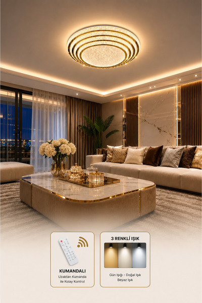 Modavize Safir LED GOLD Avize Modern Tasarımlı Uzaktan Kumandalı 3 Renk Dimme...