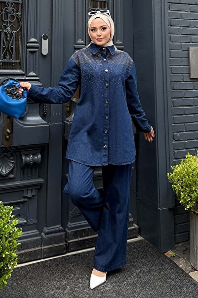 Missvalle Luna Stone Embroidered Denim Suit Dark Blue 19401