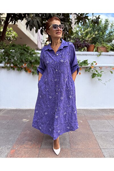 DenizEge Italian Embossed Embroidered Long Dress Purple