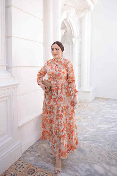 İmajButik Turuncu Yarım Düğmeli Kol Lastikli Eteği Katlı Elbise