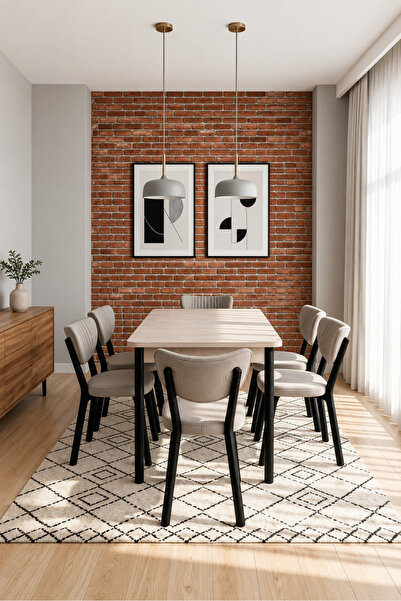 Concept Ayz Home Valoria Serisi 6 Kişilik 80x130 cm Traverten MDF Krem Kumaş ...