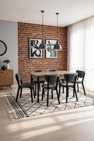 Concept Ayz Home Valoria Serisi 6 Kişilik 80x130 cm Traverten MDF Gri Kumaş S...