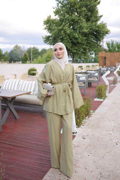 İmajButik Χακί Σετ Σακάκι-Παντελόνι με Ζώνη