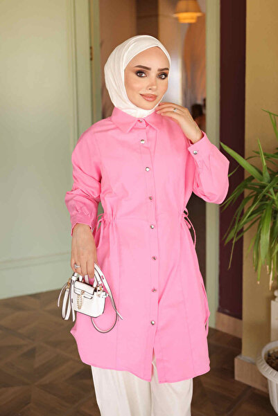 İmajButik Pembe Bel Bağlamalı Düğmeli Tunik