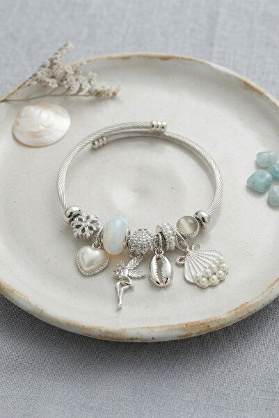 Mega Bazaar White Seashell Heart and Tinker Bell Charm Bracelet