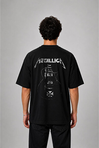 cesita Metallica Printed Oversize Cotton Black T-Shirt