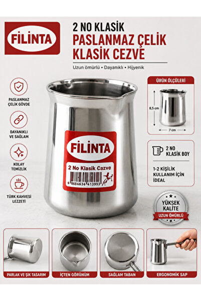 kumkumticaret Filinta 2 No Klasik Paslanmaz Çelik Cezve | Türk Kahvesi Cezves...