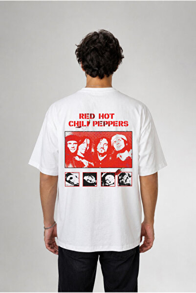 cesita Rhcp Red Hot Chili Peppers Printed Oversize Cotton White T-Shirt T-Shirt