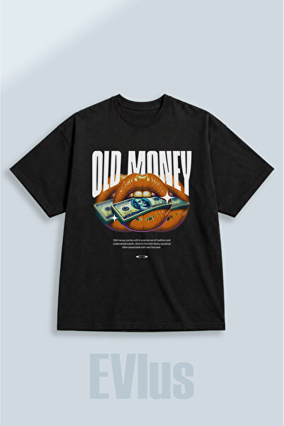 EVIus Tricou negru oversize, cu imprimeu Old Money, 100% bumbac, cu decolteu ...