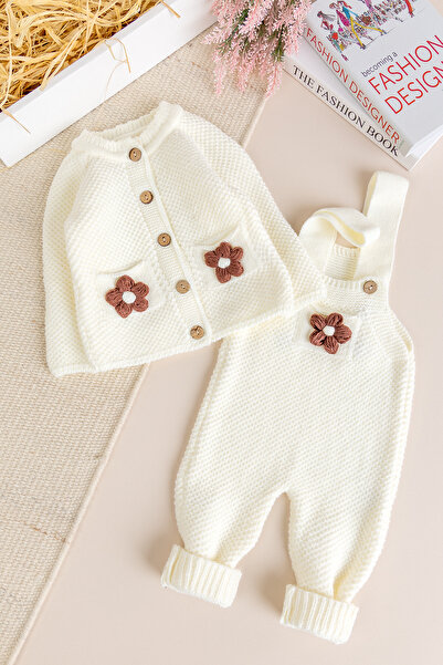 Babymod Soft Textured Knitwear Cardigan Baby Girl Knitted Salopet Jumpsuit Set