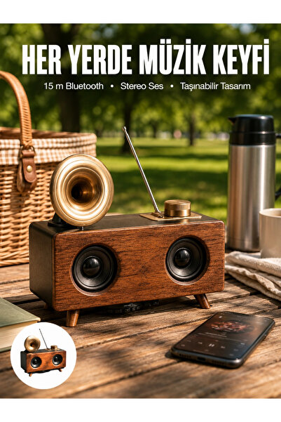 GHN Bluetooth Hoparlör Ahşap Klasik Retro Gramofon Bluetooth Müzik Kutusu