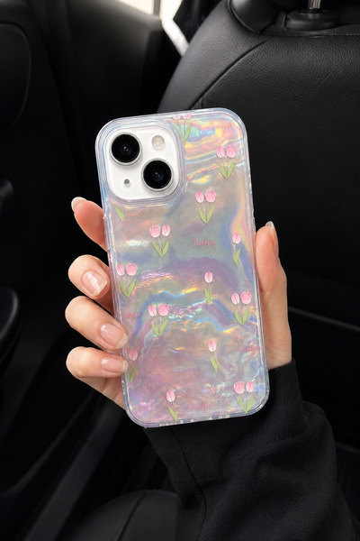 MUSSTECH Iphone 13-14 Uyumlu Lale Desenli Hologram Şeffaf Telefon Kılıfı – Da...