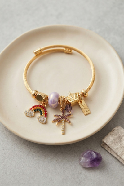 Lisinya Bracelet with Rainbow and Purple Palm Charms -