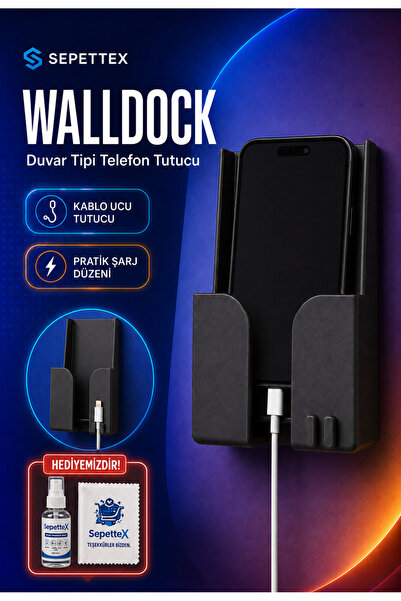 SepetteX WallDock Duvar Tipi Telefon Tutucu ve Şarj Kablosu Düzenleyici Siyah...