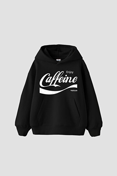 Sekizbiraltı Caffeine Printed Oversize Unisex Black Hoodie