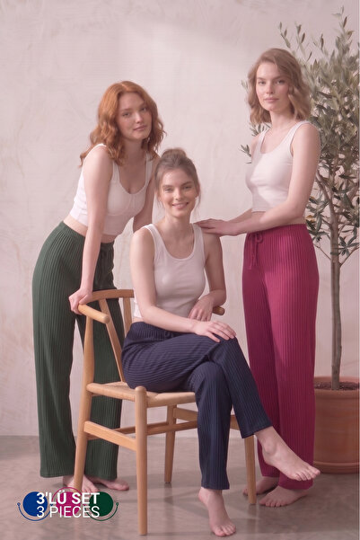Farya Home Set of 3 High Waist Wide Leg Striped Camisole Summer Pajama Bottoms