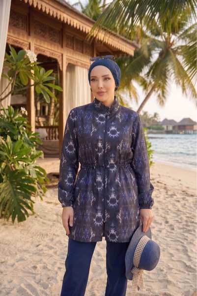dilberfashion Ebruli Etnik Desenli 3lü Tesettür Mayo