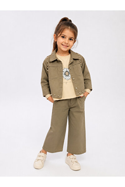 Trendline Girl's Linen Dark Mink Pearl Detailed 3-Piece Set