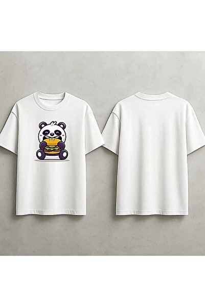 ELFERA تيشيرت بطبعة باندا همبرغر باللون الأبيض اللطيف