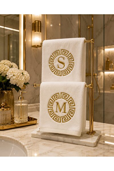 LARENİS Kişiye Özel Krem Kadife El Havlusu 2’li Set 30x50 cm | Gold Harf İşle...