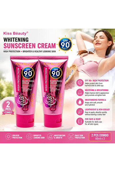 Kiss Beauty SPF 90+ Whitening Sunscreen Cream 2 Pcs Combo – High Protection M...