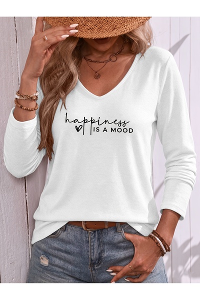 mercoledi Mix Printed Cotton V-Neck Long Sleeve Blouse