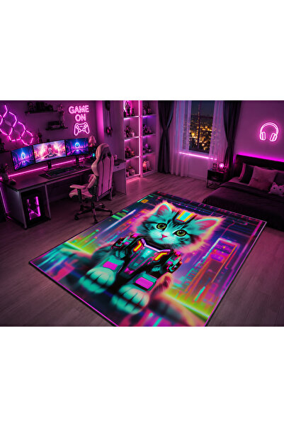 SionFabric Yıkanabilir Anime Neon Kedi Tasarımlı Kaymaz Tabanlı Dekoratif Gam...