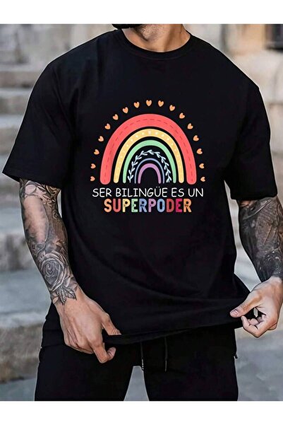 01THEONE تي شيرت رجالي أسود قصير الأكمام بطباعة "Ser Bilingue Es Un Superpode...