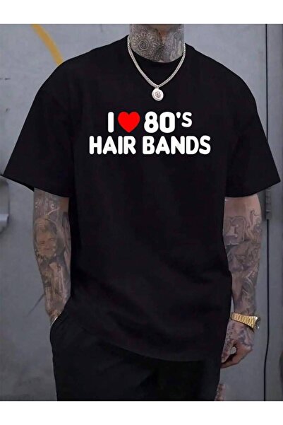 KYMC07 تي شيرت رجالي صيفي أسود 100% قطن، بتصميم 'I Love 80s Hair Bands'، مناس...