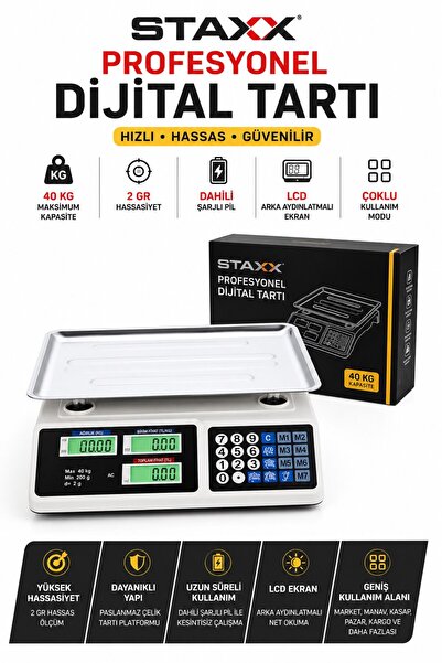 STAXX POWER 40 KG Dijital Terazi | 2 Gr Hassasiyet | Şarjlı LCD Elektronik Ma...