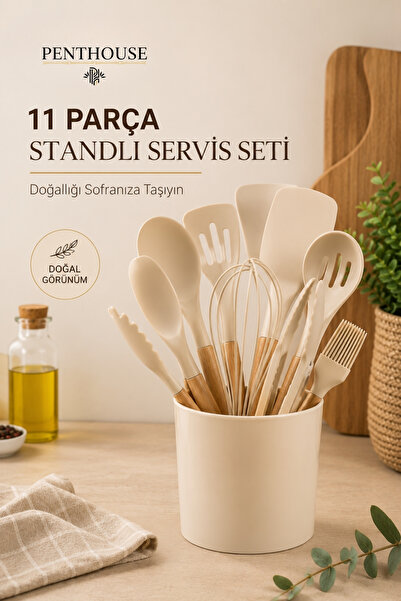 Penthouse 11 Piece Silicone Serving Set with Stand Bamboo Handle Kitchen Uten...