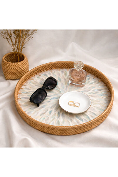 Generic Terreamour Handmade Rattan Mother of Pearl Tray, Round Decorative Ser...