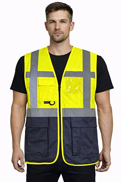 uniwest Reflektörlü Yönetici İkaz Yeleği - Sarı-Lacivert | Cepli