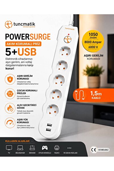 Tunçmatik 5'Lİ ANAHTARLI AKIM KORUMALI+ USB GİRİŞLİ+1.5 METRE GRUP