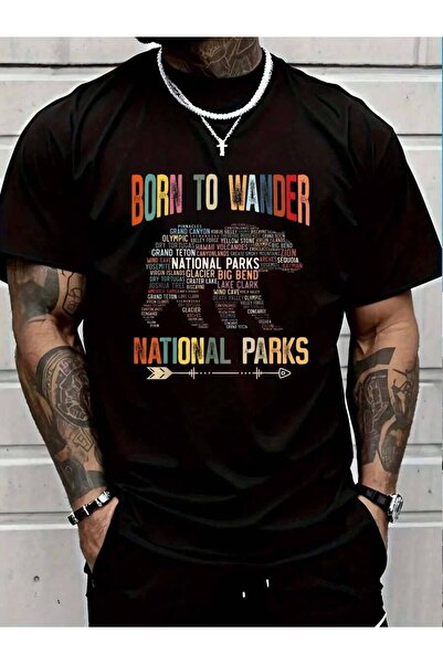 9TAY تي شيرت رجالي أسود للعطلات من القطن 100% بتصميم دب أمريكي - Born To Wand...