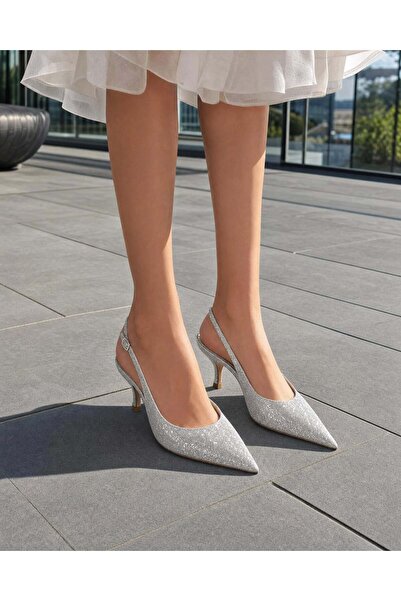 DERİ KABUSU Silvery Shiny Women's Heel Shoes
