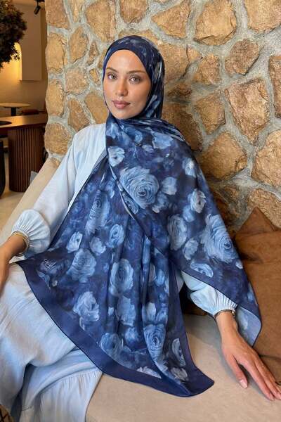 lamelif Botanical Floral Pattern Lara Soft Shawl Navy Blue