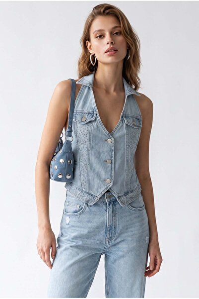 Mixray 2208 Women's Stone Embellished Backless Denim Vest Blue