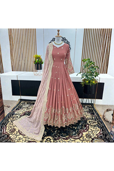 MYSMAR Pink Faux Georgette Gown Set - HRT4291 | Pink-Size:L-40-Inches