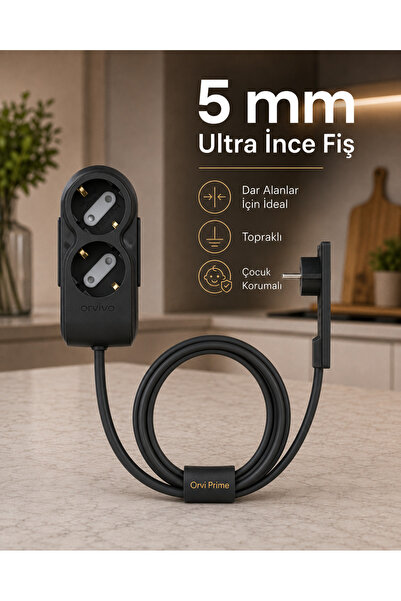 2’li İnce Fişli Uzatma Kablosu 5 Metre | Beyaz Eşya ve Mobilya Arkası İçin | Topraklı | 3500W