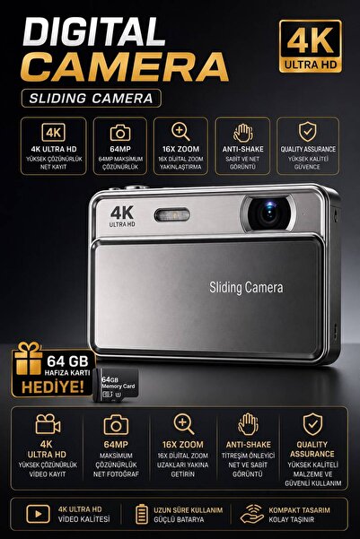 WUNİT 4K UHD 64 MP Siliding Dijital Kamera 16X ZOOM Flas 64 GB SD Kart Kızakl...