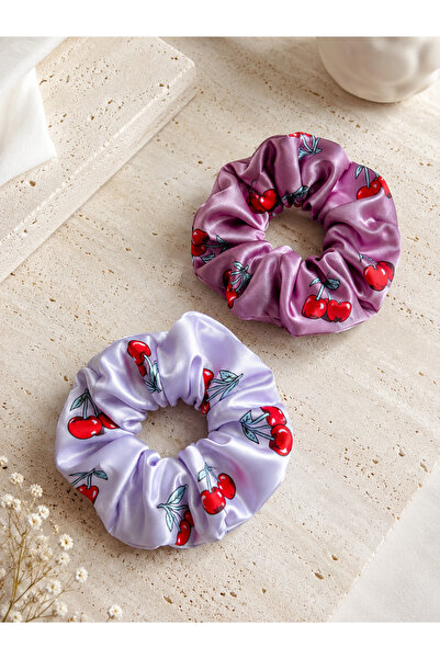 Kiraz Rüyası Desenli 2’li Saten Lastik Toka (Scrunchie) Seti