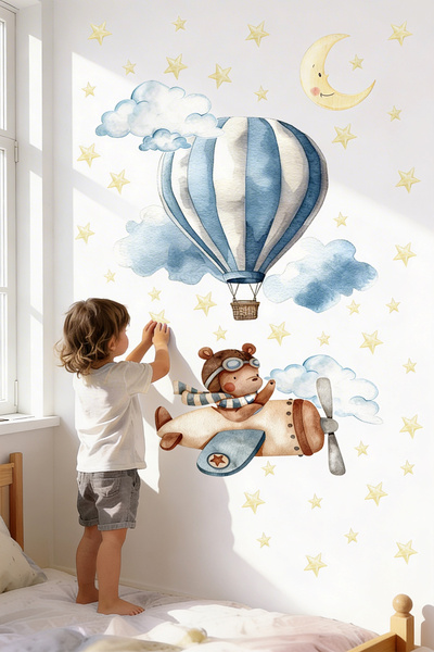 posterland Pilot Ayıcık Çocuk Odası Duvar Sticker Seti, Cam Sticker