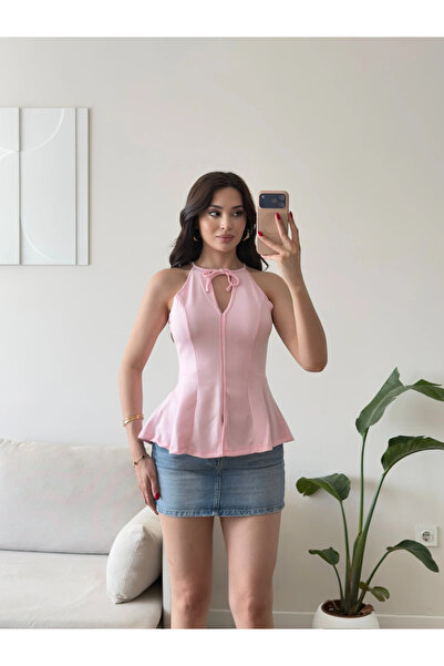 Zoom Butik Halter Yaka Peplum Bluz - PEMBE
