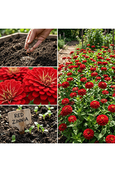 Bloom & Sow Seed 100 بذرة زهرة الزينيا الحمراء - نبات زهري عشبي زخرفي لزهور ا...